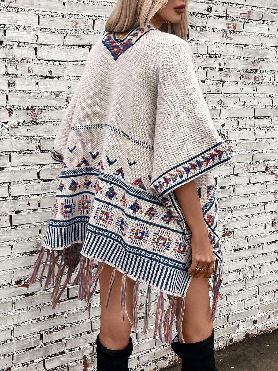 ebossy Women's Boho Open Front Poncho Sweaters Elegant Tassels Embroidery Wool Blend Cape Cardigan Coat