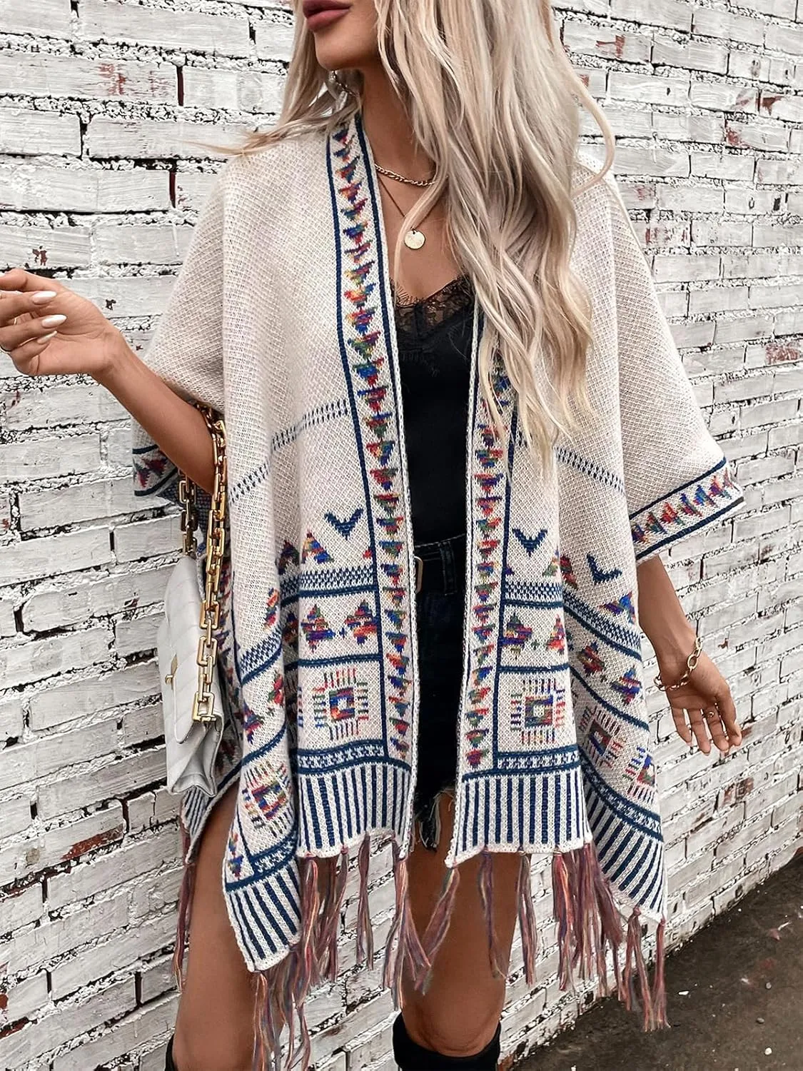 ebossy Women's Boho Open Front Poncho Sweaters Elegant Tassels Embroidery Wool Blend Cape Cardigan Coat