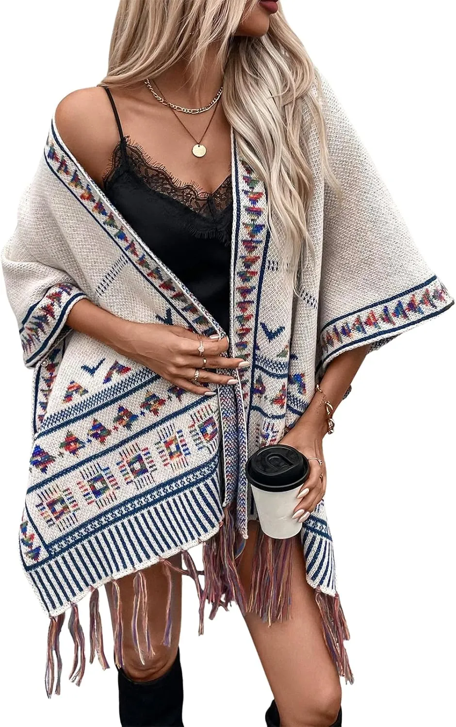 ebossy Women's Boho Open Front Poncho Sweaters Elegant Tassels Embroidery Wool Blend Cape Cardigan Coat