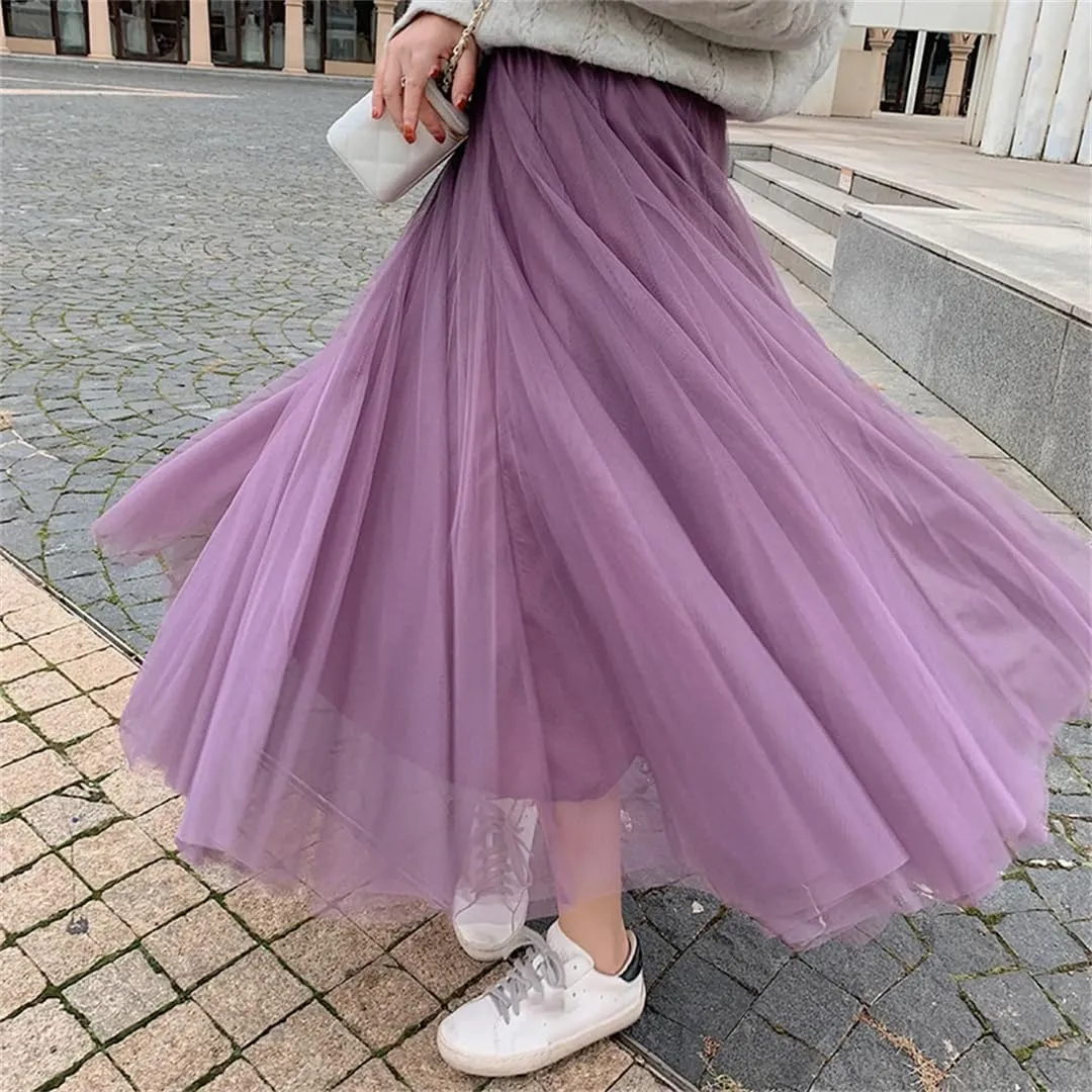 Elegant Women A-Line Tulle Skirt Big Swing Skirt Korean Mid-Calf Long Skirts