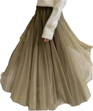 Elegant Women A-Line Tulle Skirt Big Swing Skirt Korean Mid-Calf Long Skirts