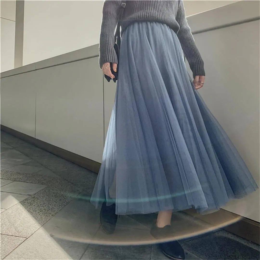 Elegant Women A-Line Tulle Skirt Big Swing Skirt Korean Mid-Calf Long Skirts