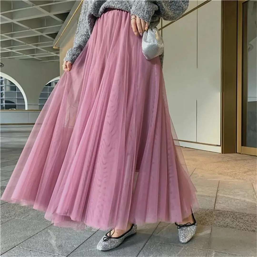 Elegant Women A-Line Tulle Skirt Big Swing Skirt Korean Mid-Calf Long Skirts