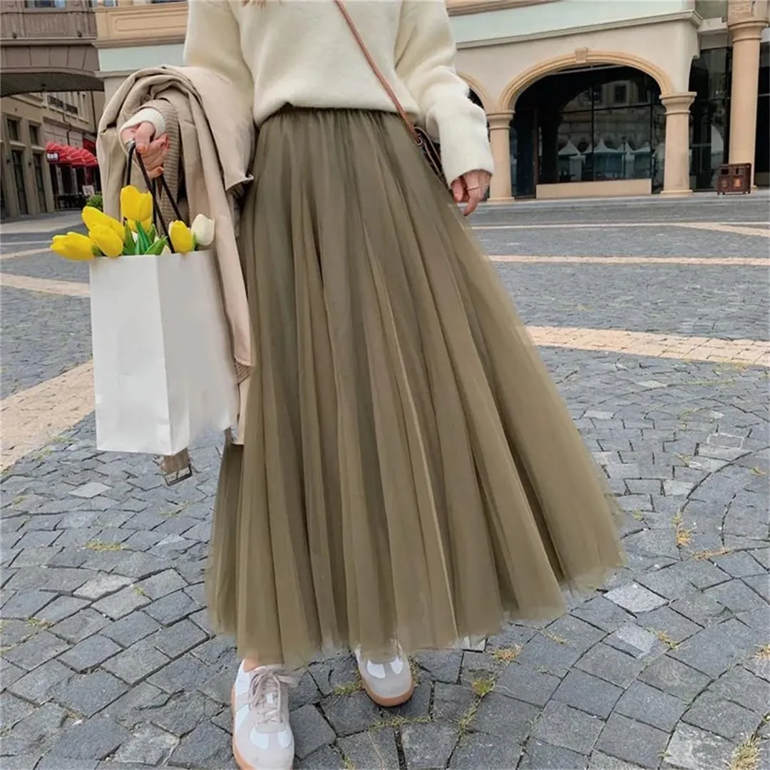 Elegant Women A-Line Tulle Skirt Big Swing Skirt Korean Mid-Calf Long Skirts