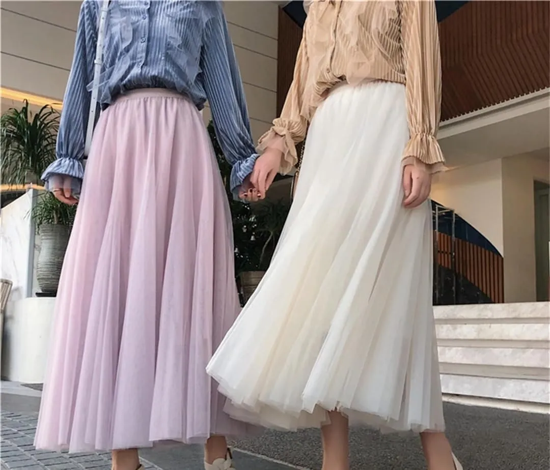 Elegant Women A-Line Tulle Skirt Big Swing Skirt Korean Mid-Calf Long Skirts