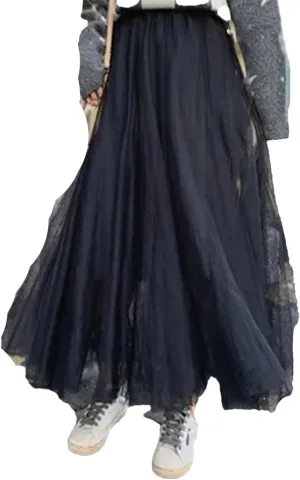Elegant Women A-Line Tulle Skirt Big Swing Skirt Korean Mid-Calf Long Skirts