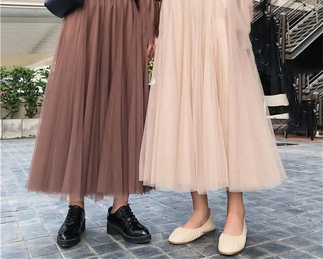 Elegant Women A-Line Tulle Skirt Big Swing Skirt Korean Mid-Calf Long Skirts