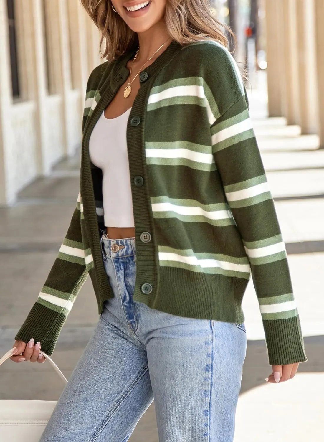 EVALESS Women's Striped Cardigan Sweaters Trendy Lightweight Chunky Knit Cropped Sweaters Outfits Outerwear Coats