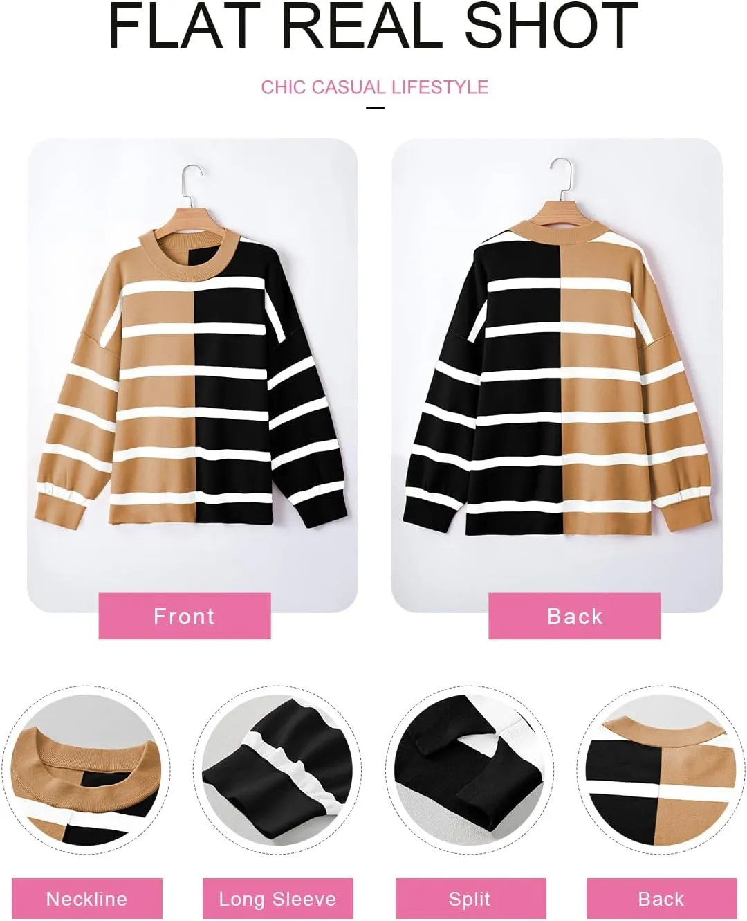 EVALESS Womens Striped Sweaters Long Sleeve Cable Knitted Color Block Casual Loose Lightweight Oversized Sweaters Pullover