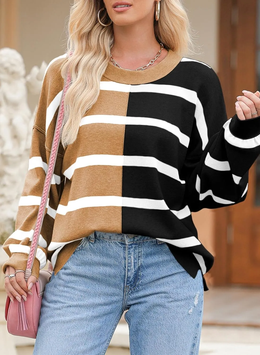 EVALESS Womens Striped Sweaters Long Sleeve Cable Knitted Color Block Casual Loose Lightweight Oversized Sweaters Pullover