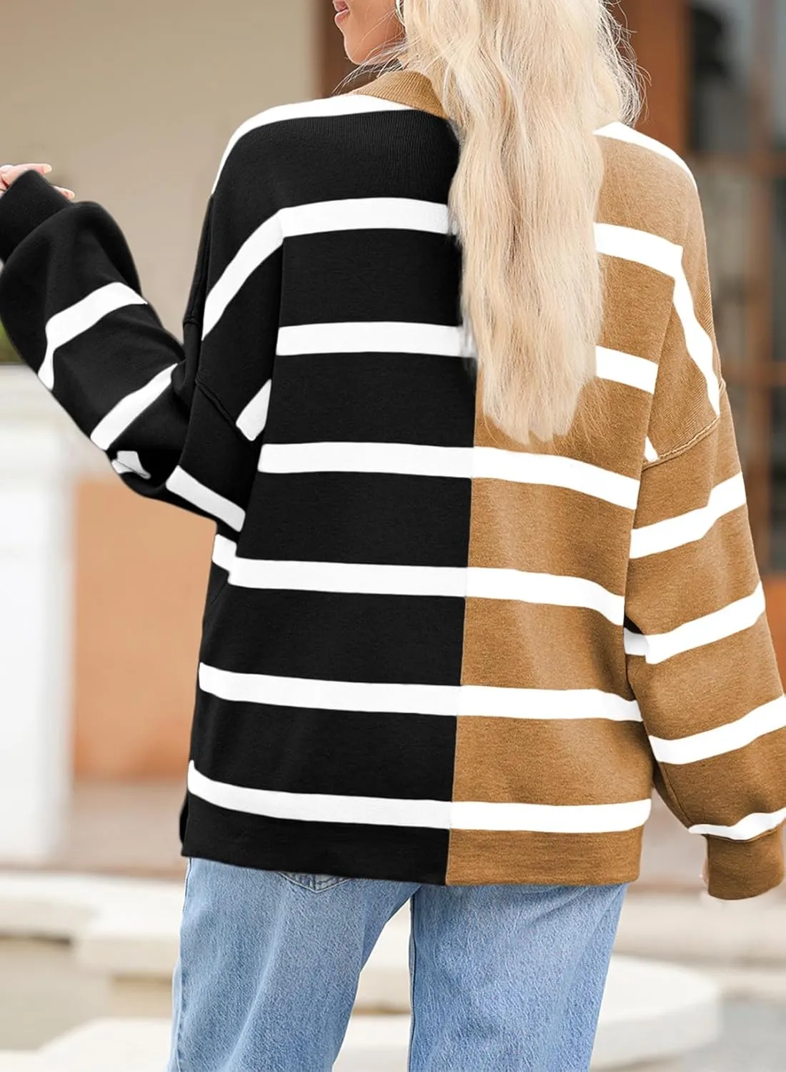EVALESS Womens Striped Sweaters Long Sleeve Cable Knitted Color Block Casual Loose Lightweight Oversized Sweaters Pullover