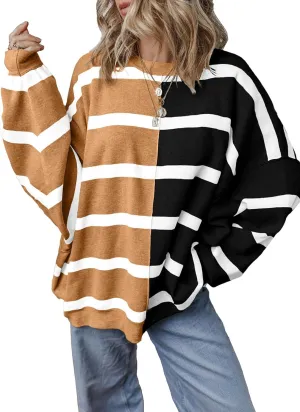 EVALESS Womens Striped Sweaters Long Sleeve Cable Knitted Color Block Casual Loose Lightweight Oversized Sweaters Pullover