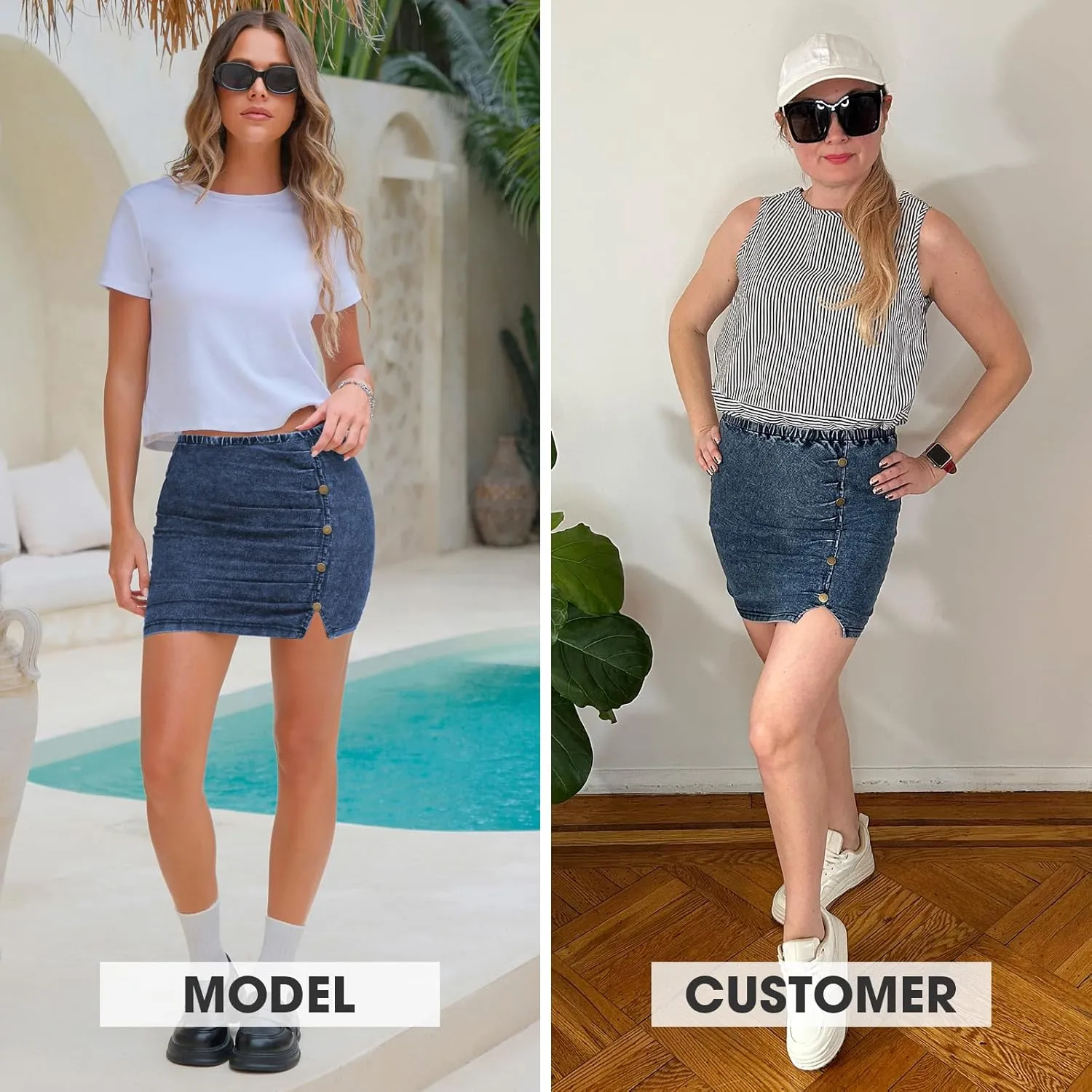 EXLURA Womens Mini Denim Skirt High Waisted Stretchy Jean Skirts with Slit Trendy Casual Slim Fit Short Skirts