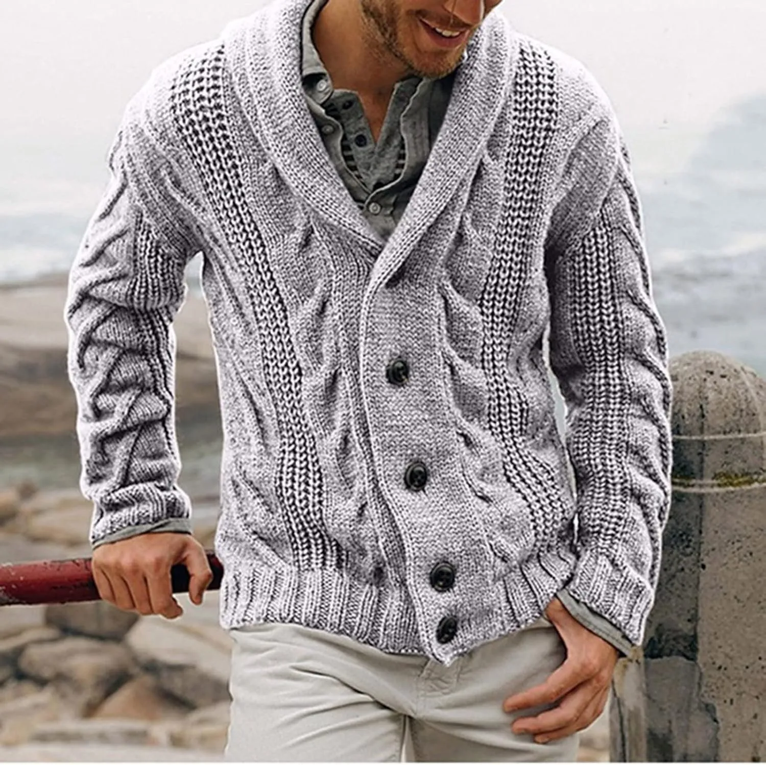 Fall Winter Mens Cable Knit Cardigan Sweater Shawl Collar Loose Fit Long Sleeve Casual Cardigans Lightweight Button Down Coat