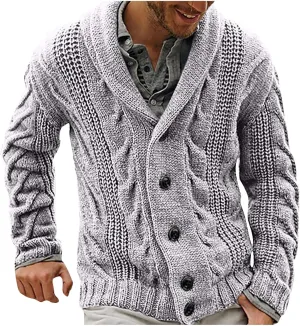 Fall Winter Mens Cable Knit Cardigan Sweater Shawl Collar Loose Fit Long Sleeve Casual Cardigans Lightweight Button Down Coat