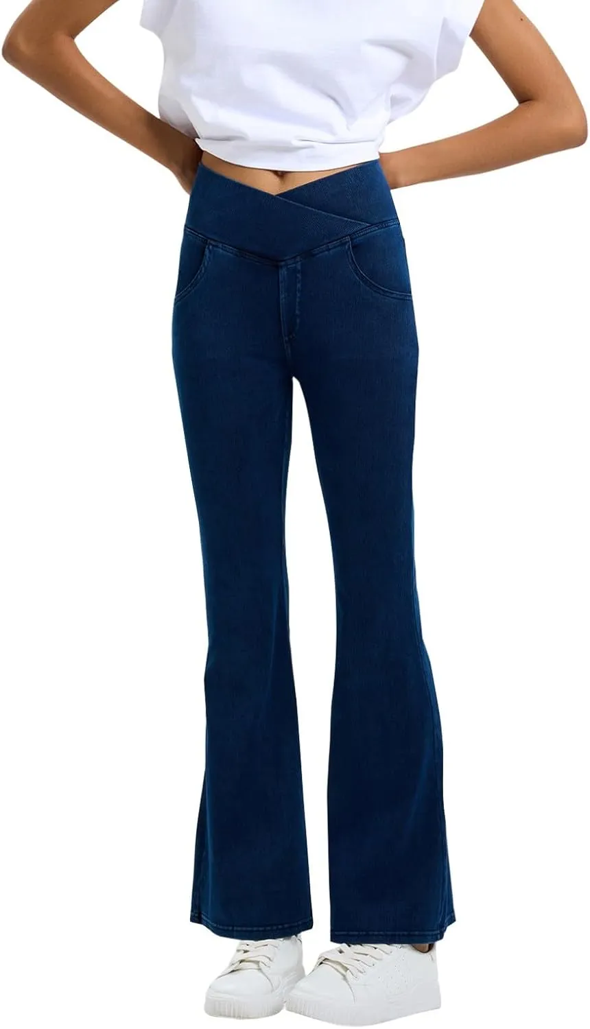 Flare Jeans for Women Crossover High Waisted Yoga Bootcut Jeans Stretchy Slim Fit Curvy Denim Bell Bottom Leggings