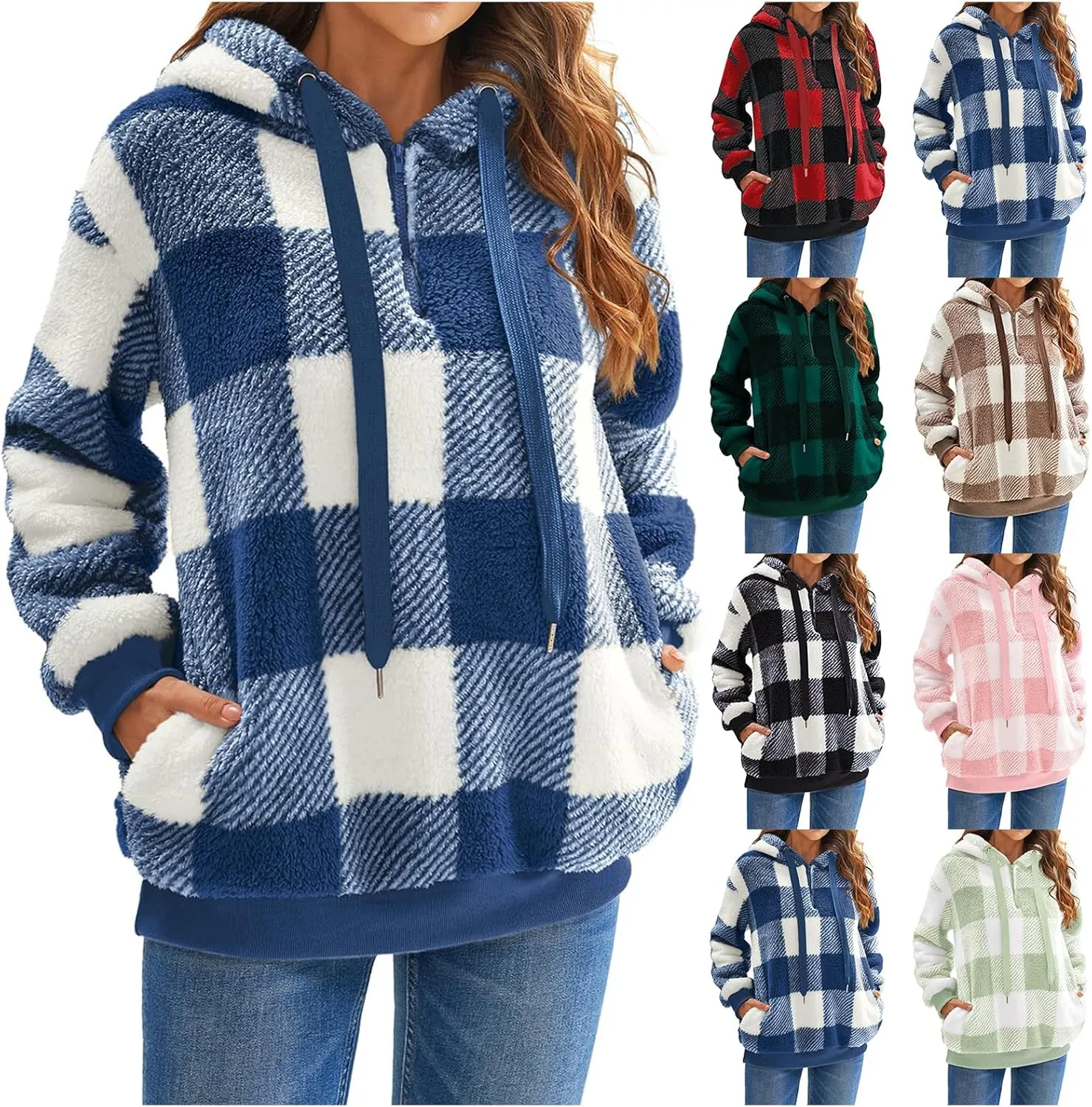 Fleece Hoodies for Women Plaid Long Sleeve Hoodie Casual Half Zip Sweatshirts Winter Sherpa Pullover