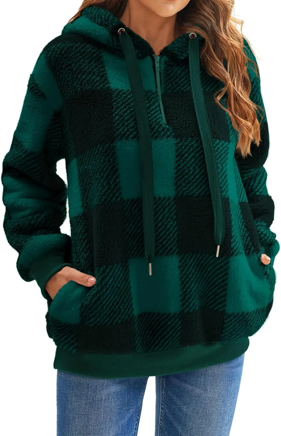 Fleece Hoodies for Women Plaid Long Sleeve Hoodie Casual Half Zip Sweatshirts Winter Sherpa Pullover