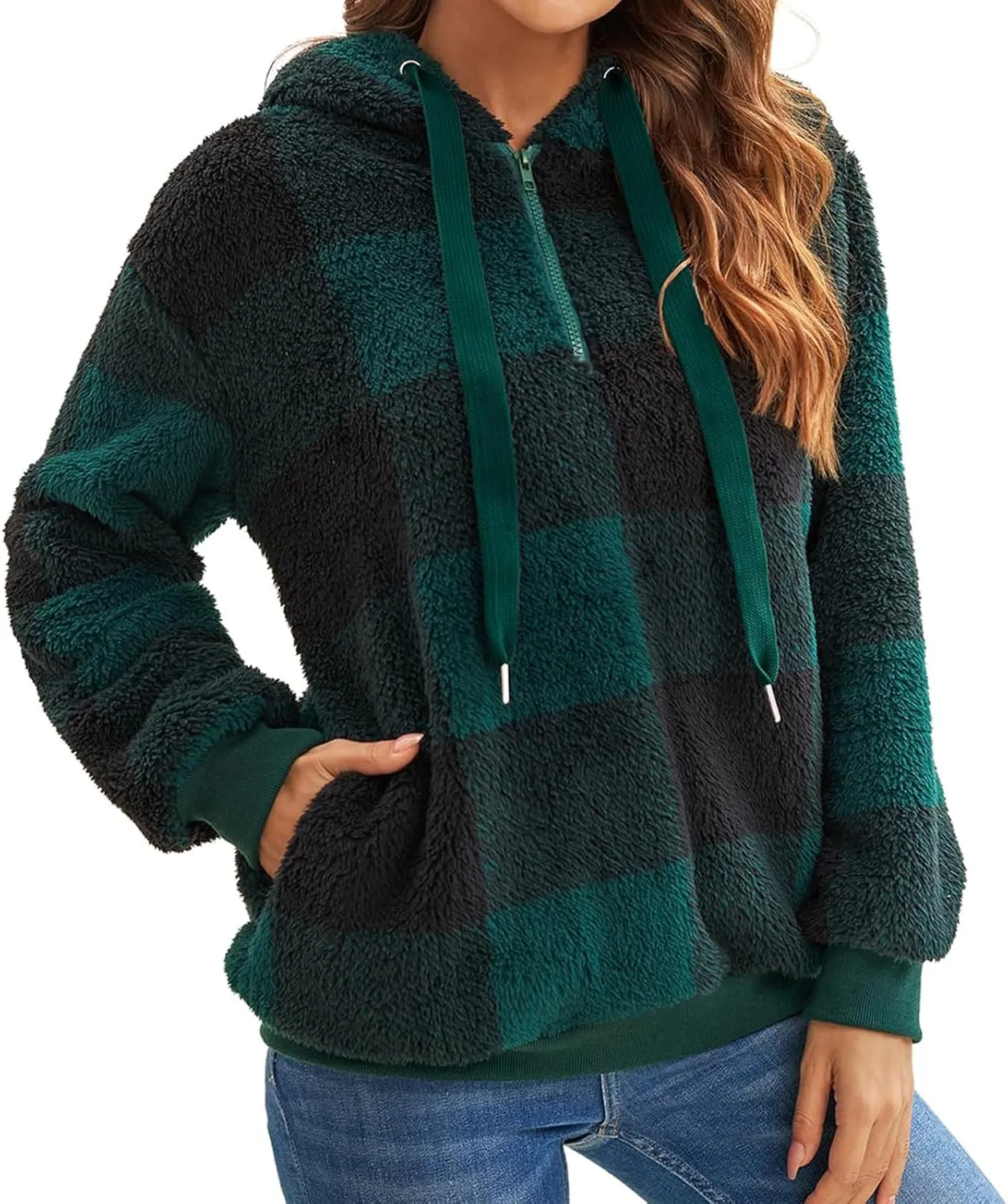 Fleece Hoodies for Women Plaid Long Sleeve Hoodie Casual Half Zip Sweatshirts Winter Sherpa Pullover
