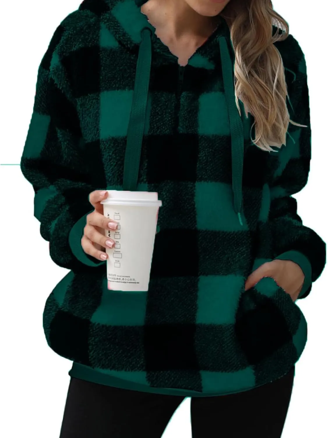 Fleece Hoodies for Women Plaid Long Sleeve Hoodie Casual Half Zip Sweatshirts Winter Sherpa Pullover