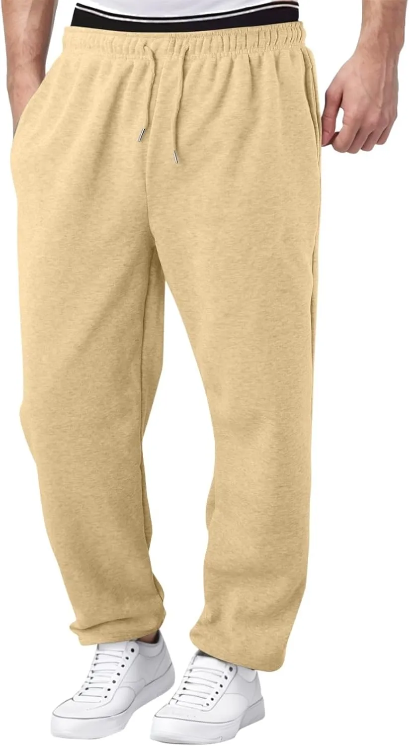 Fleece Sweatpants Men Baggy Open Bottom Athletic Workout Pants Relaxed Fit Straight Leg Sweatpants with Pockets
