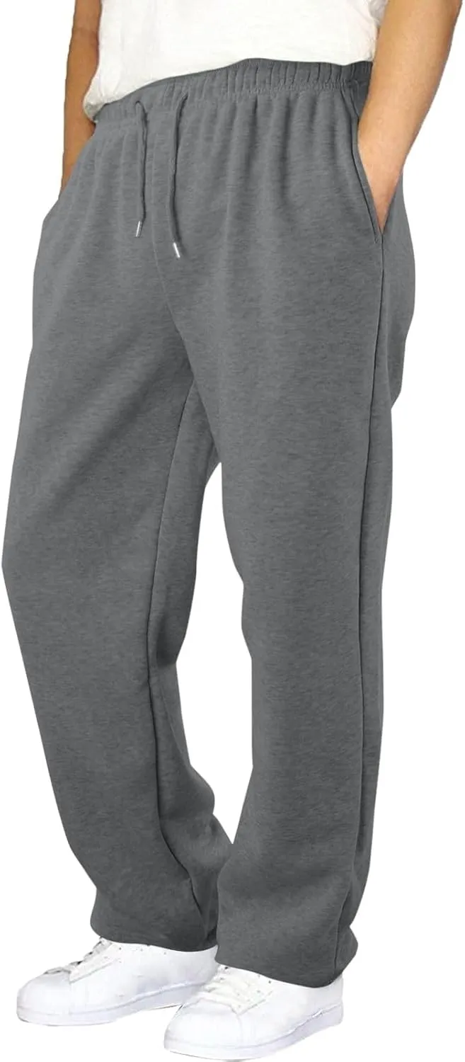 Fleece Sweatpants Men Baggy Open Bottom Athletic Workout Pants Relaxed Fit Straight Leg Sweatpants with Pockets