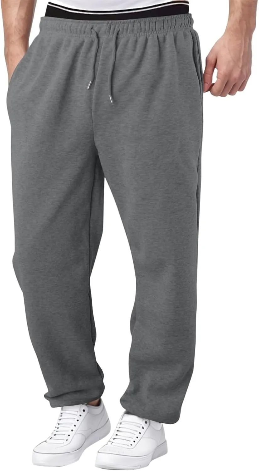 Fleece Sweatpants Men Baggy Open Bottom Athletic Workout Pants Relaxed Fit Straight Leg Sweatpants with Pockets