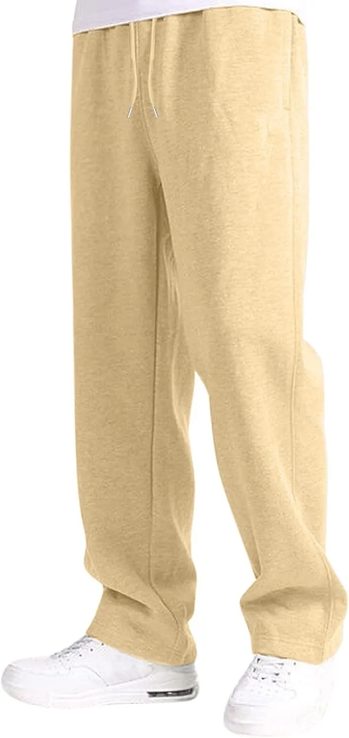 Fleece Sweatpants Men Baggy Open Bottom Athletic Workout Pants Relaxed Fit Straight Leg Sweatpants with Pockets
