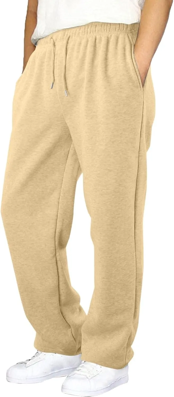 Fleece Sweatpants Men Baggy Open Bottom Athletic Workout Pants Relaxed Fit Straight Leg Sweatpants with Pockets