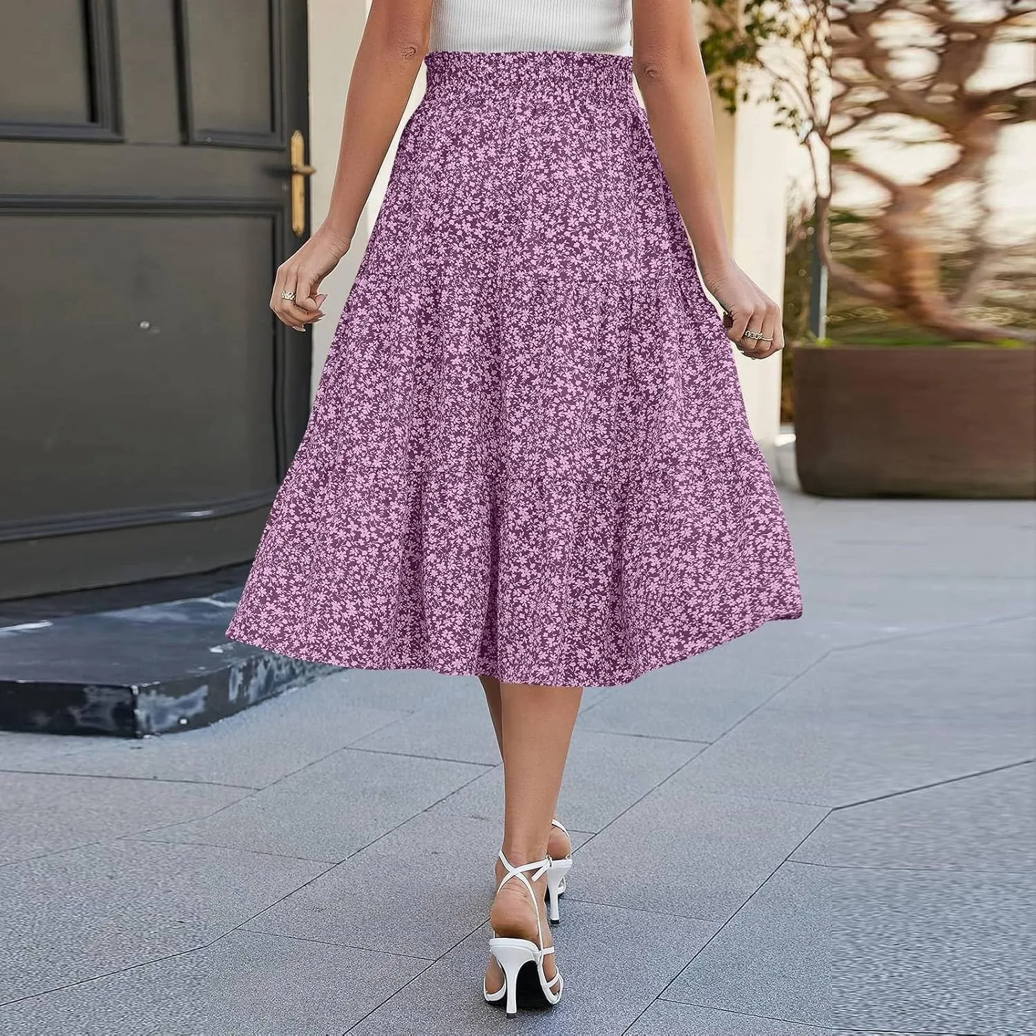 Floral Skirt for Women Summer Bohotiered Elastic High Waisted Maxi Skirts Vacation A-Line Flowy Swing Long Skirts