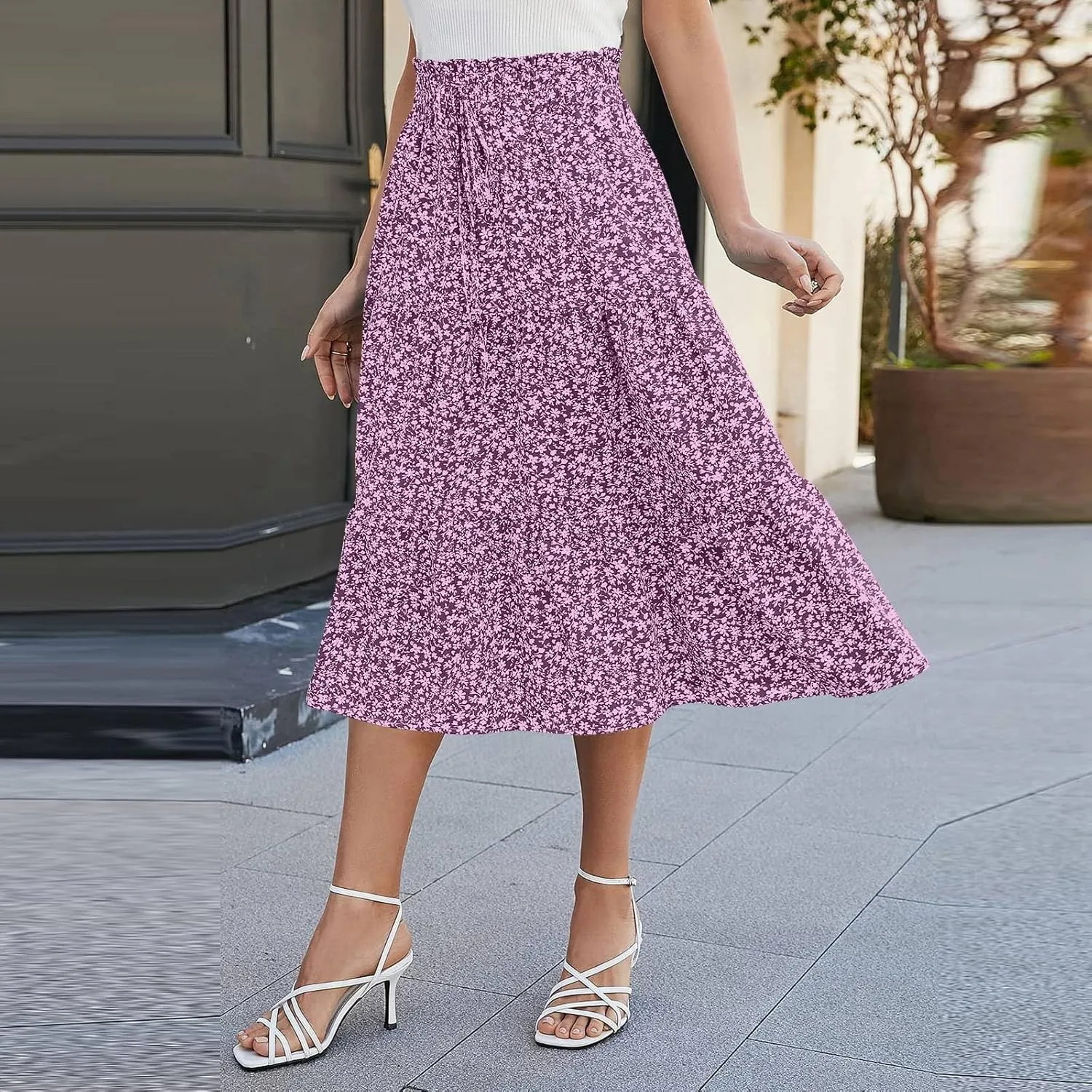 Floral Skirt for Women Summer Bohotiered Elastic High Waisted Maxi Skirts Vacation A-Line Flowy Swing Long Skirts