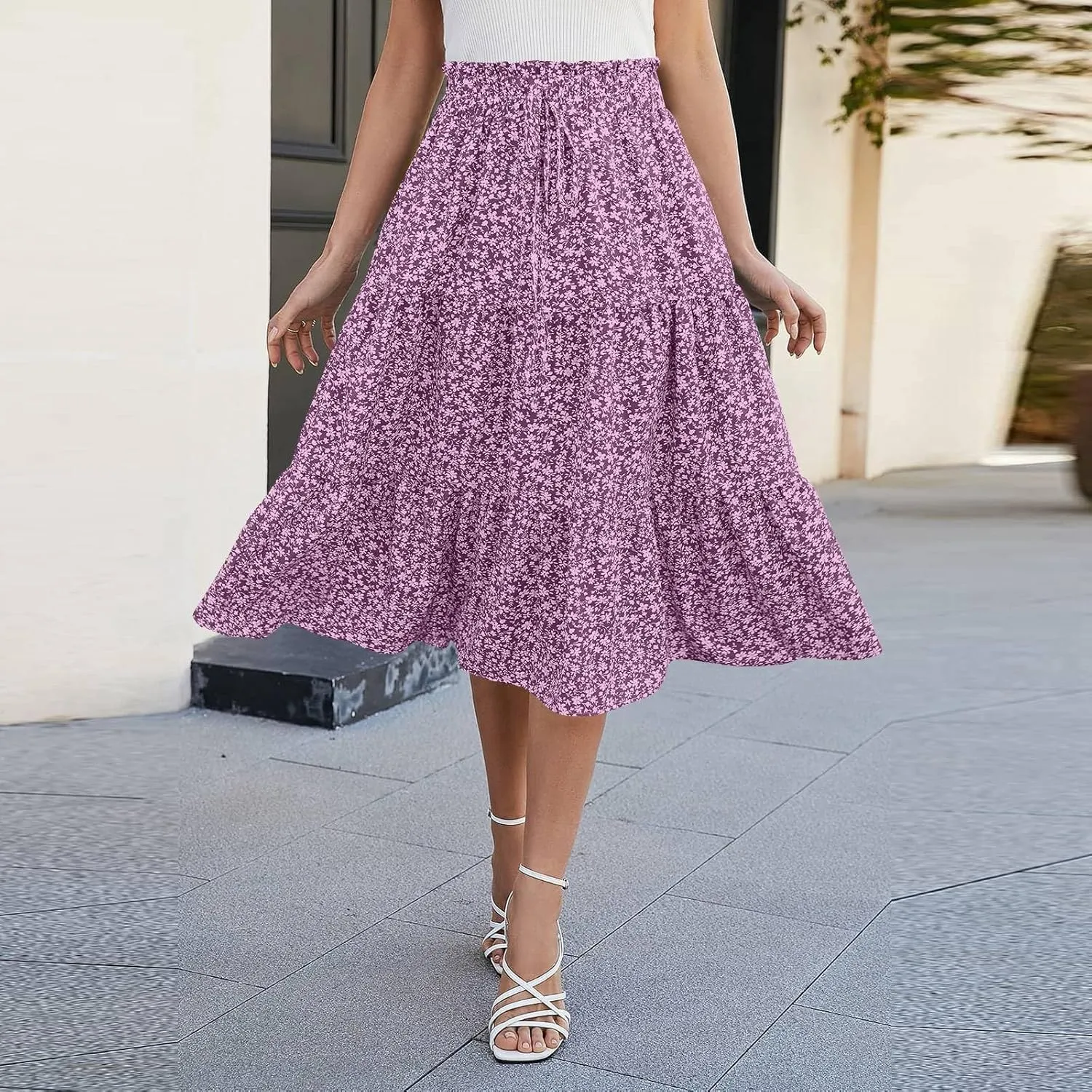 Floral Skirt for Women Summer Bohotiered Elastic High Waisted Maxi Skirts Vacation A-Line Flowy Swing Long Skirts