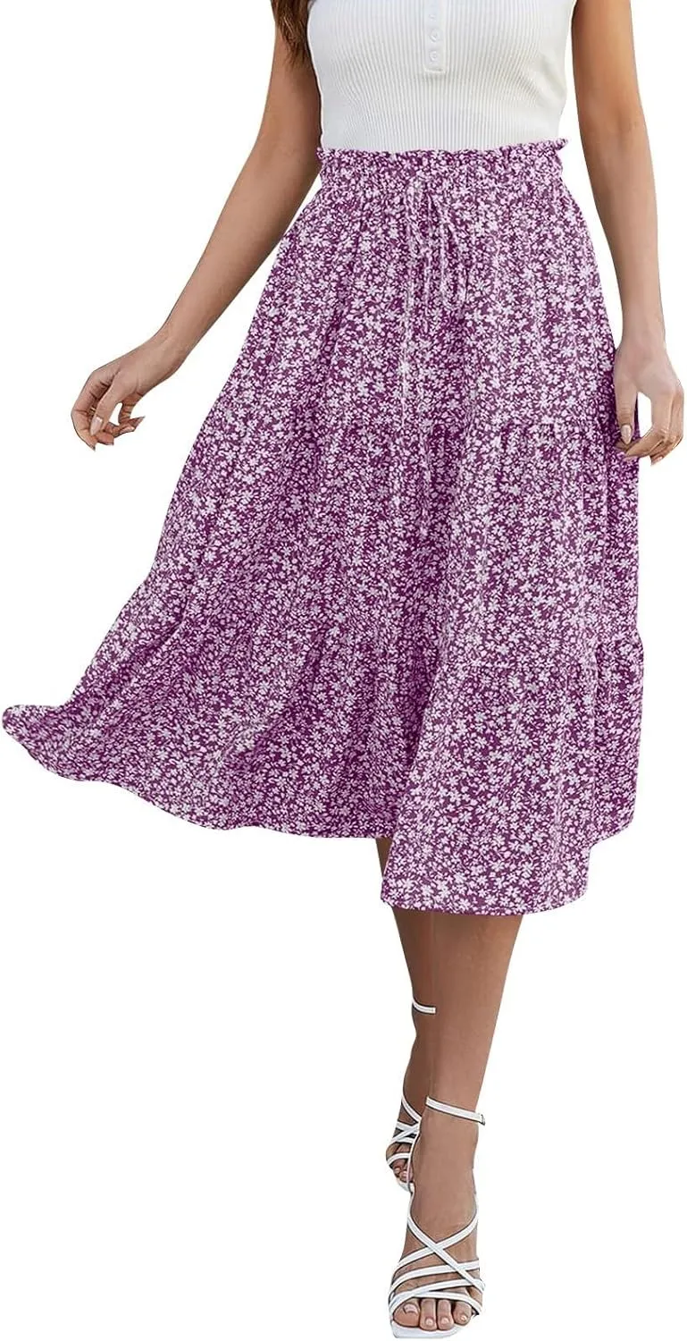 Floral Skirt for Women Summer Bohotiered Elastic High Waisted Maxi Skirts Vacation A-Line Flowy Swing Long Skirts