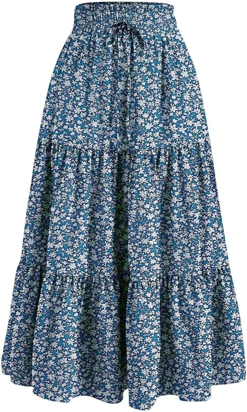 Floral Skirts for Women 2025 Casual Drawstring High Waisted Beach Boho Trendy Outfit Summer Flowy Ruffle Maxi Skirt