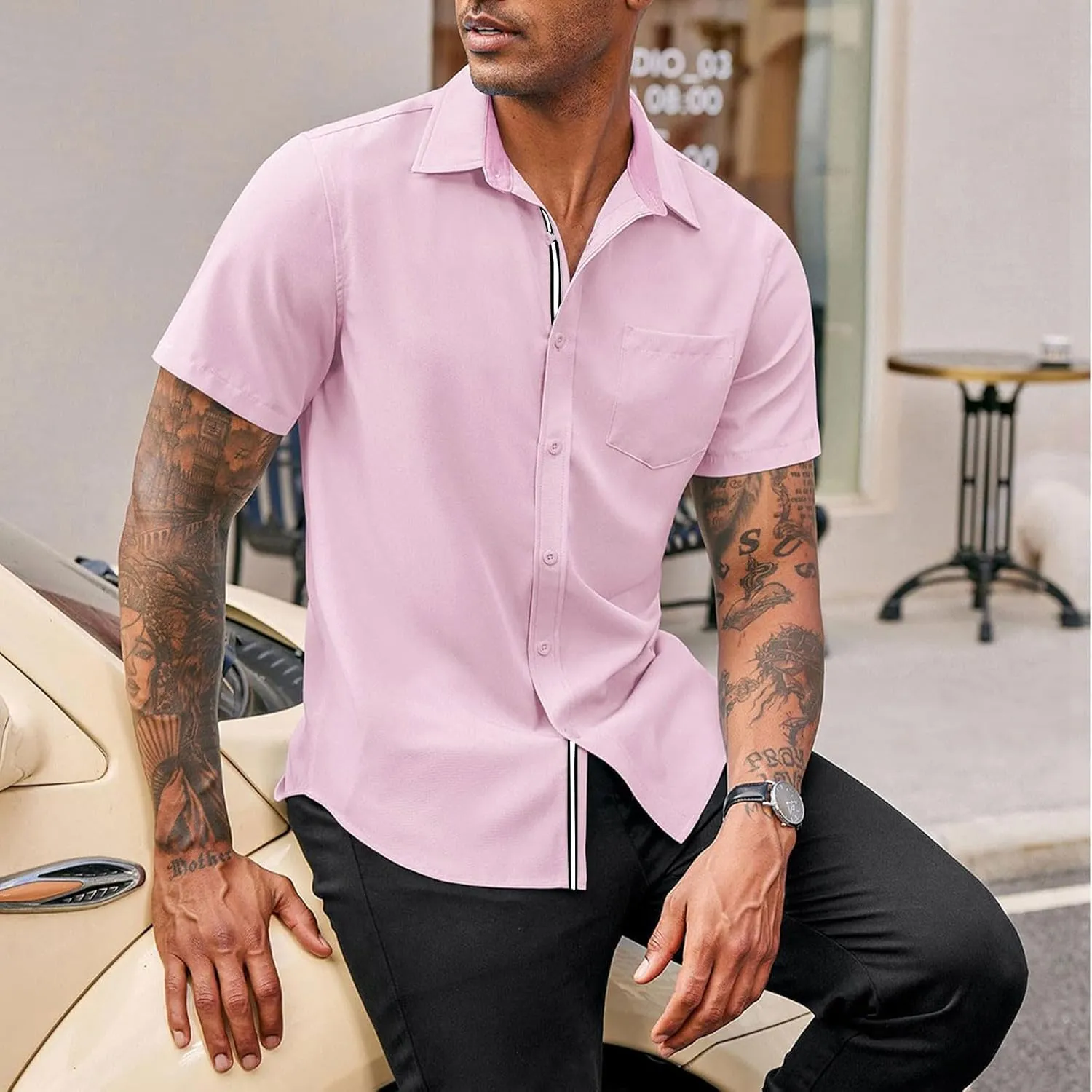 generic Men's Button Down Short Sleeve Dress Shirts Man Business Tops Formal Shirts Casual Tshirt Regular Fit Office Workwear