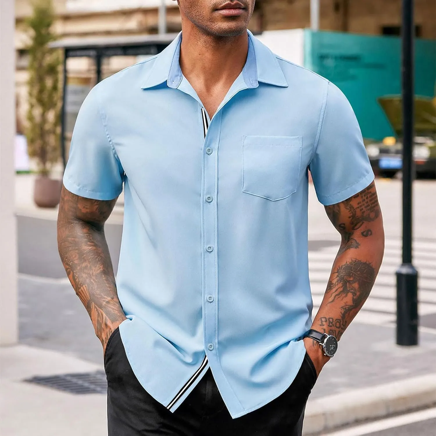 generic Men's Button Down Short Sleeve Dress Shirts Man Business Tops Formal Shirts Casual Tshirt Regular Fit Office Workwear