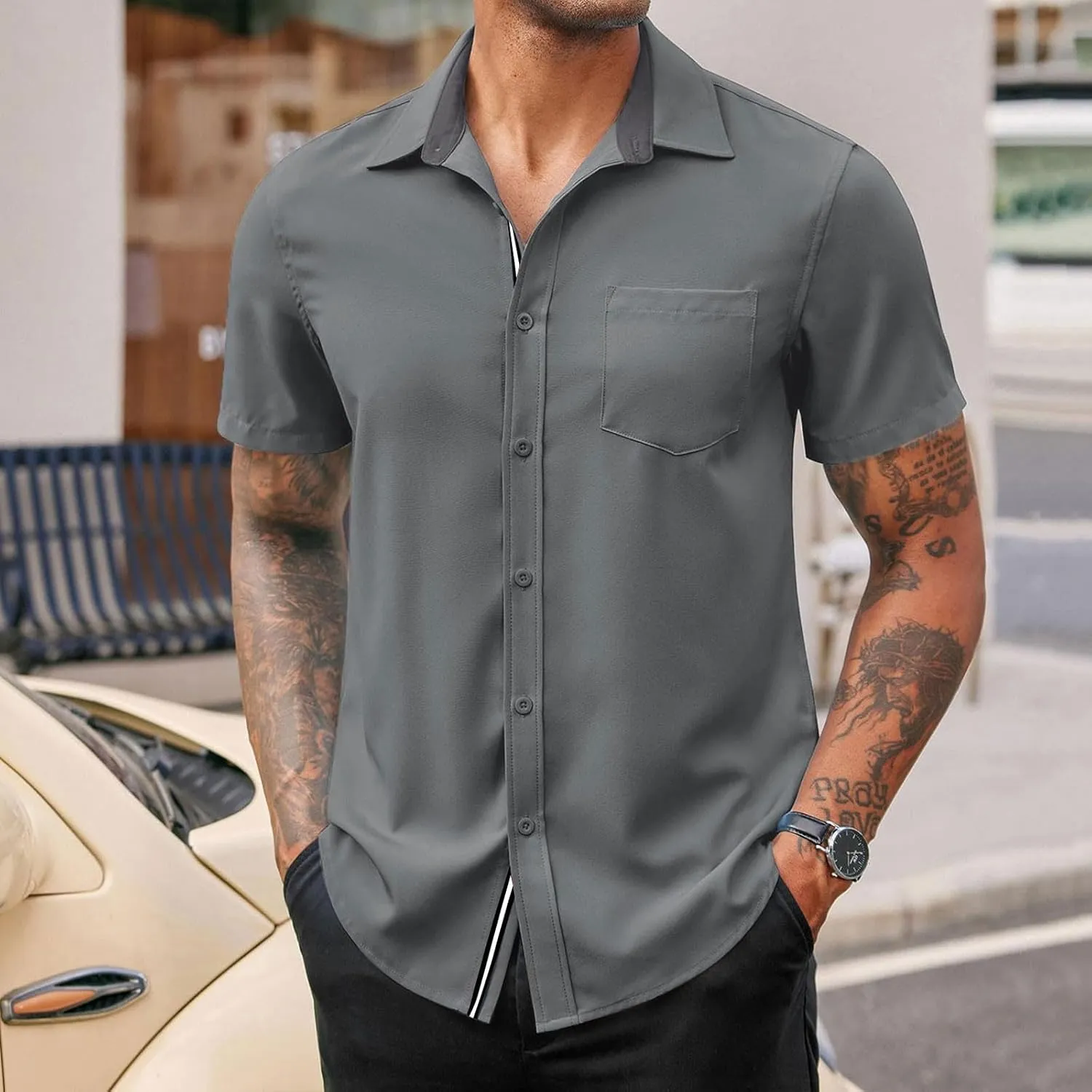 generic Men's Button Down Short Sleeve Dress Shirts Man Business Tops Formal Shirts Casual Tshirt Regular Fit Office Workwear