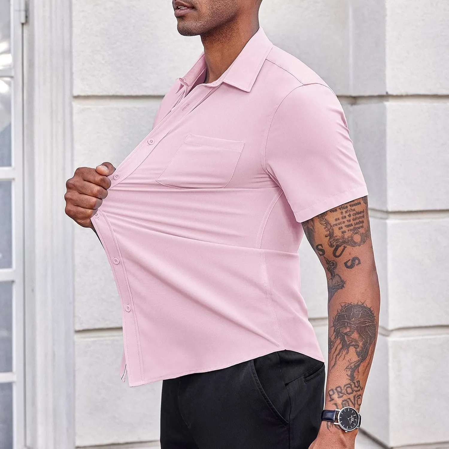 generic Men's Button Down Short Sleeve Dress Shirts Man Business Tops Formal Shirts Casual Tshirt Regular Fit Office Workwear