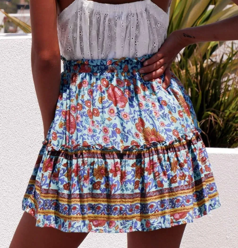 GGUHHU Womens Lovely Floral Boho Skirts Elastic High Waist A-Line Pleated Ruffle Mini Skirts