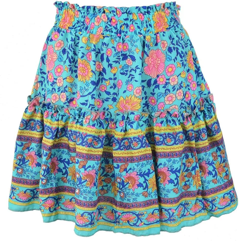 GGUHHU Womens Lovely Floral Boho Skirts Elastic High Waist A-Line Pleated Ruffle Mini Skirts