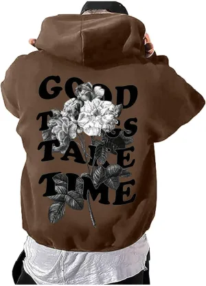 Good Things Take Time & Rose Shape Graphic Hoodie for Men Long Sleeve Y2K Hooded Pullover Tops Oversized Comfort Hoodies