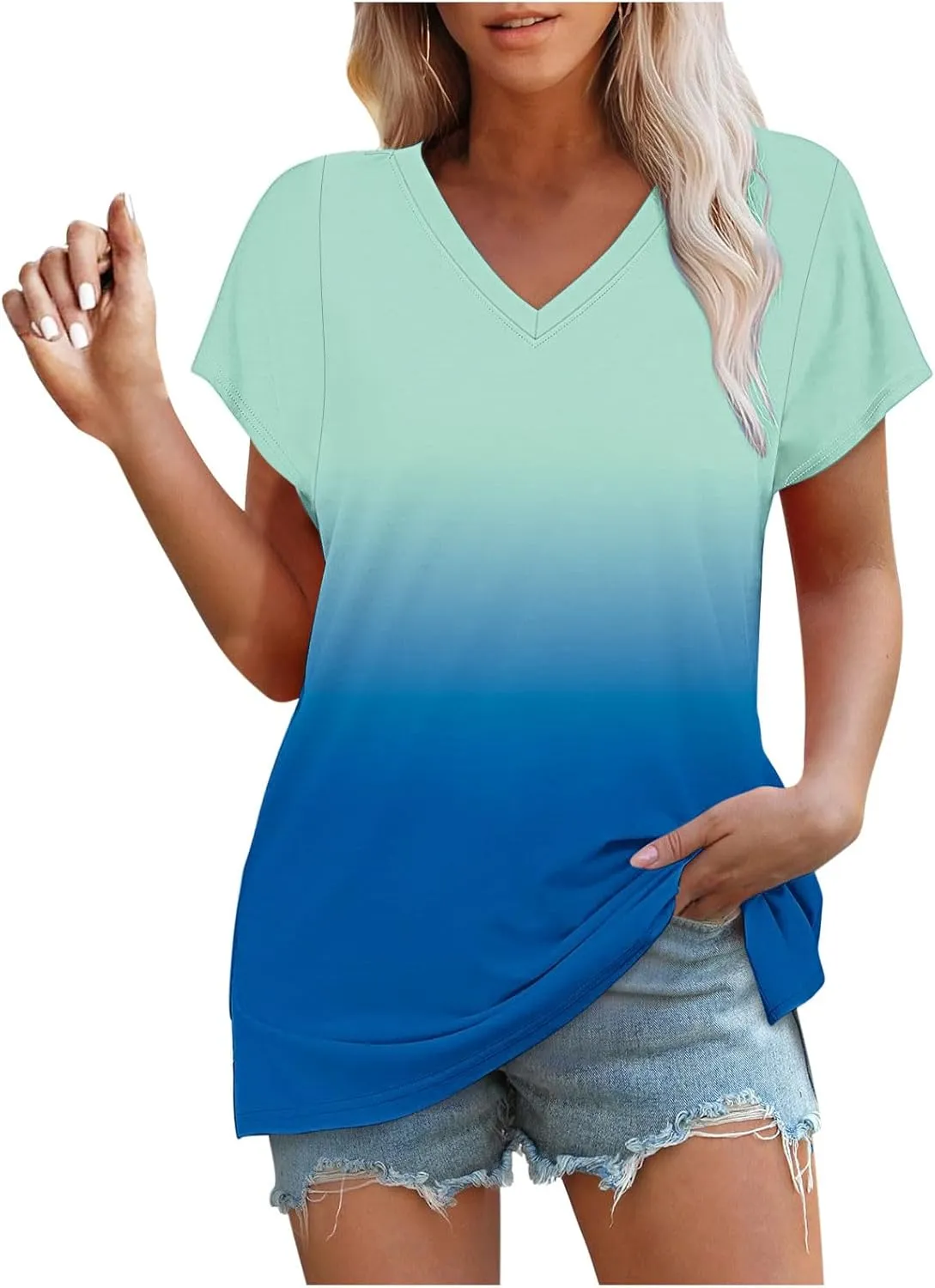 Gradient Shirts Oversized Tshirts for Women V Neck Short Sleeve Summer Tops 2025 Casual Loose Fit Cute Tees Clothes