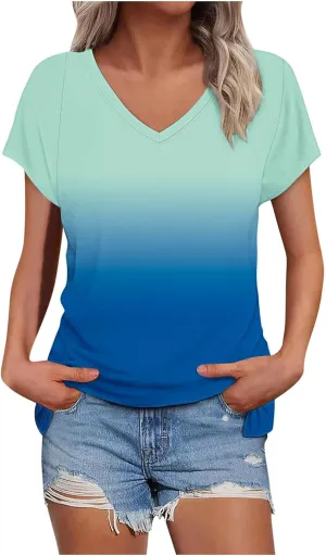 Gradient Shirts Oversized Tshirts for Women V Neck Short Sleeve Summer Tops 2025 Casual Loose Fit Cute Tees Clothes