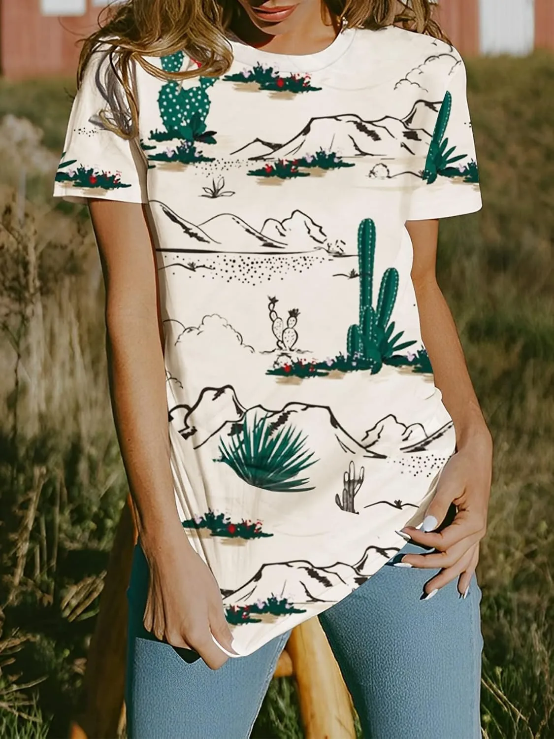 Graphic Shirts for Women Cactus Desert Graphic Tees Short Sleeve Tops