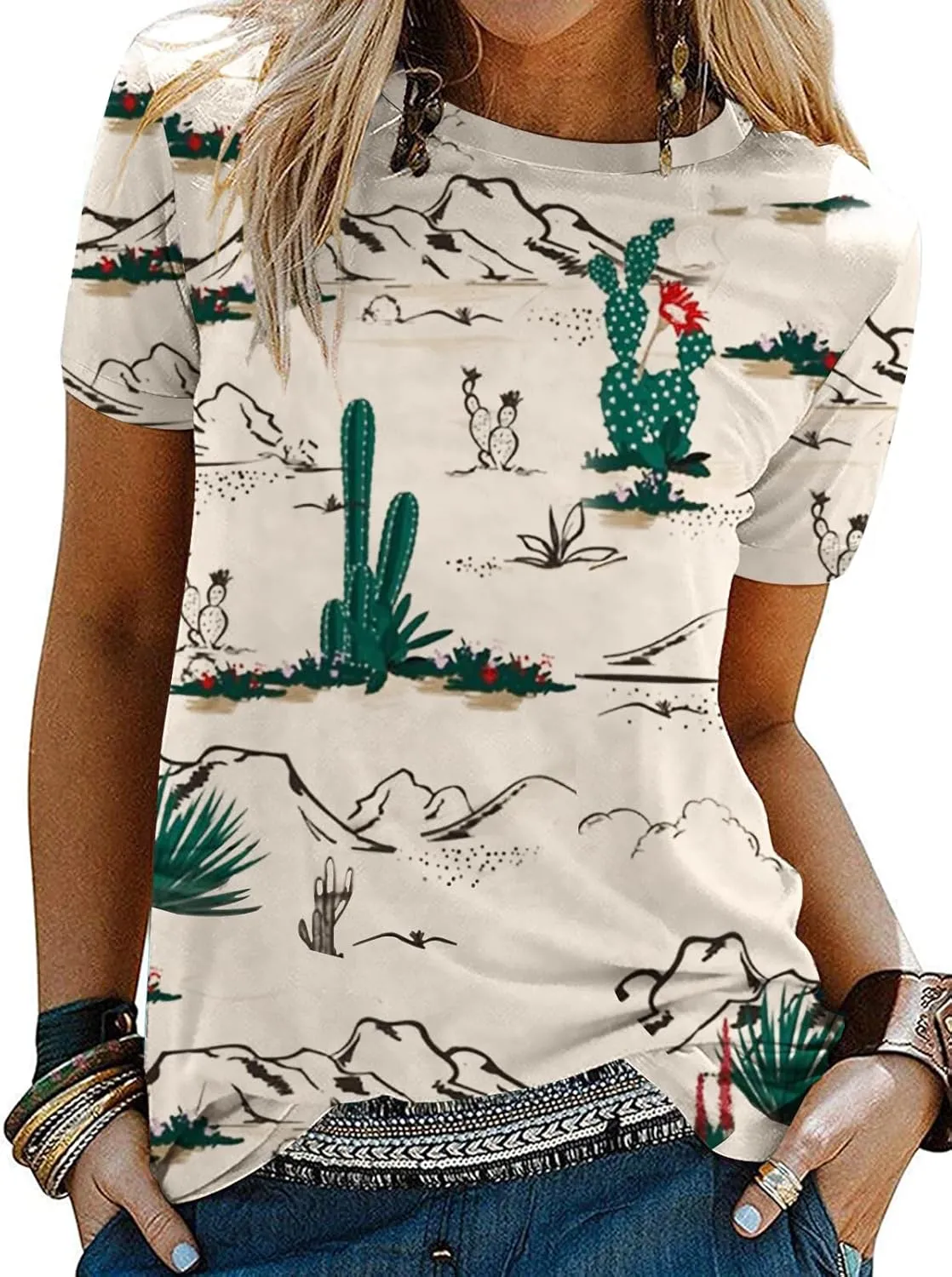 Graphic Shirts for Women Cactus Desert Graphic Tees Short Sleeve Tops
