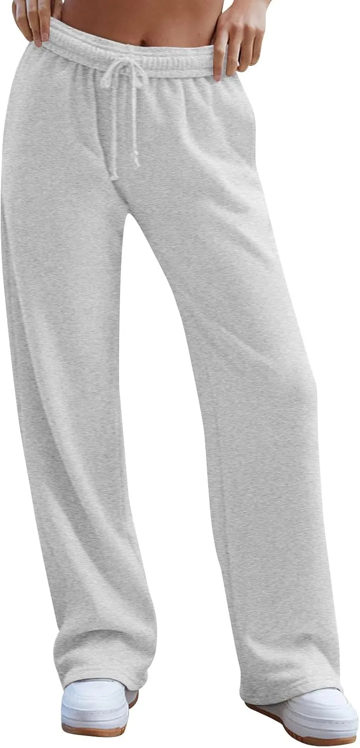 Gumipy Women Wide Leg Sweatpants Interior Drawstring High Waisted Baggy Joggers Trendy Lounge Pants Trousers with Pockets