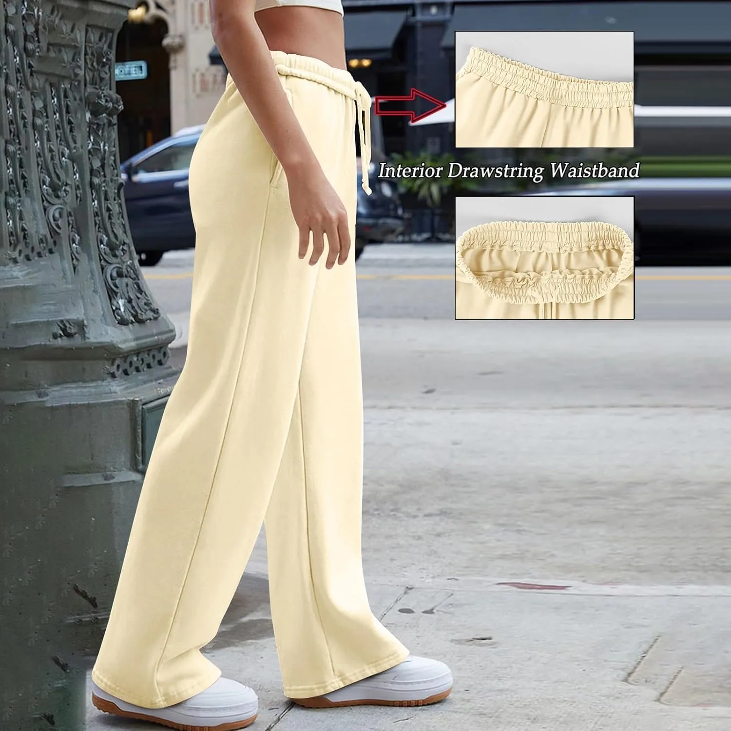 Gumipy Women Wide Leg Sweatpants Interior Drawstring High Waisted Baggy Joggers Trendy Lounge Pants Trousers with Pockets