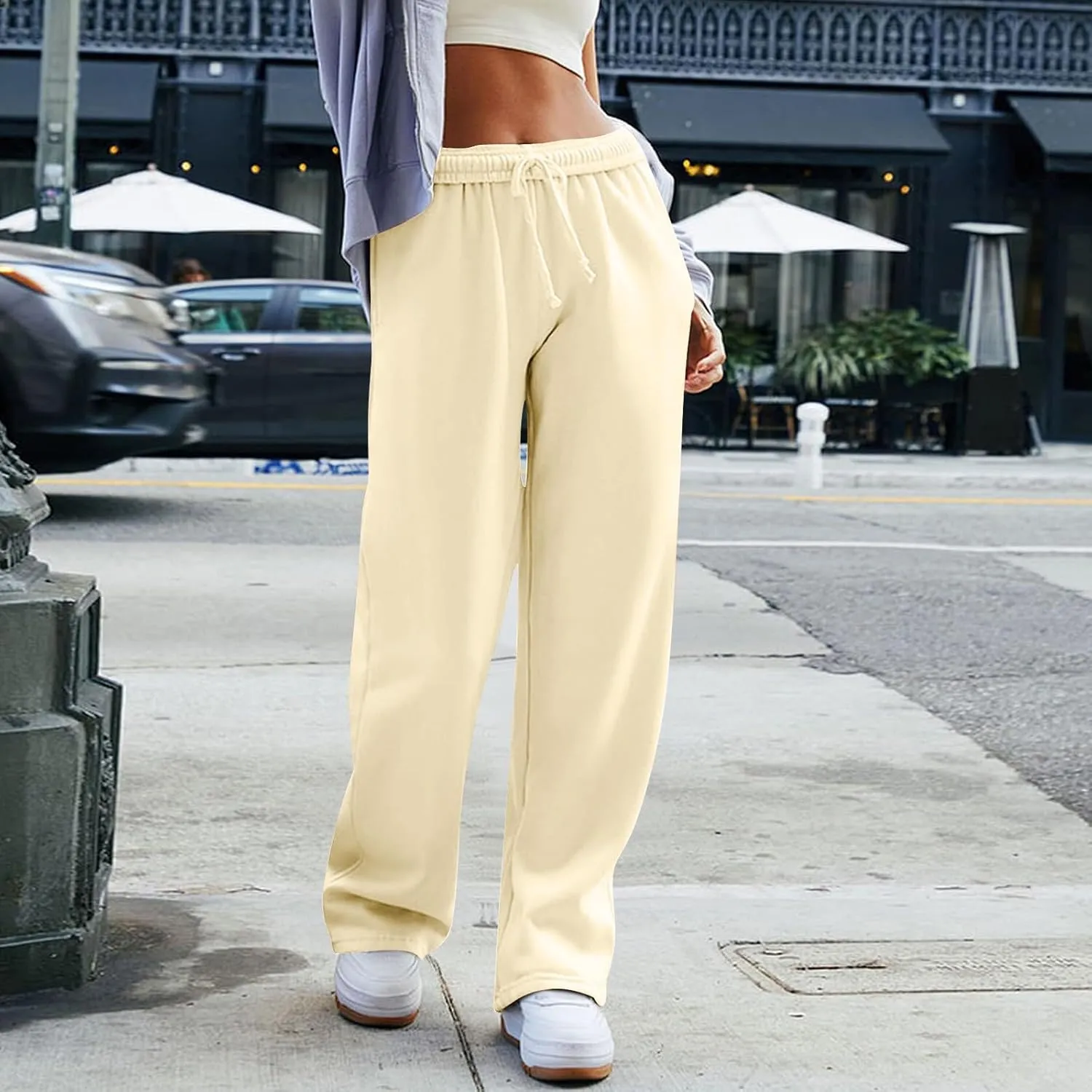 Gumipy Women Wide Leg Sweatpants Interior Drawstring High Waisted Baggy Joggers Trendy Lounge Pants Trousers with Pockets