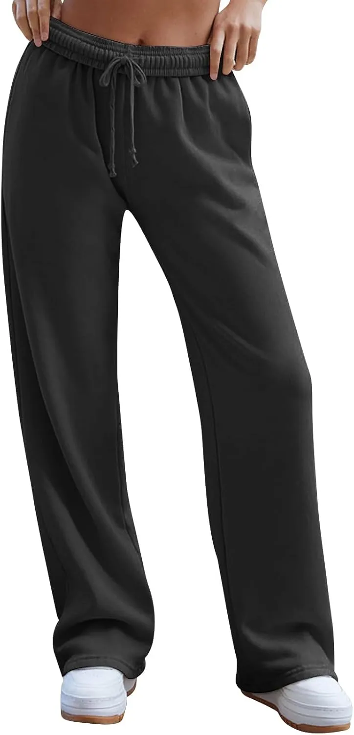 Gumipy Women Wide Leg Sweatpants Interior Drawstring High Waisted Baggy Joggers Trendy Lounge Pants Trousers with Pockets