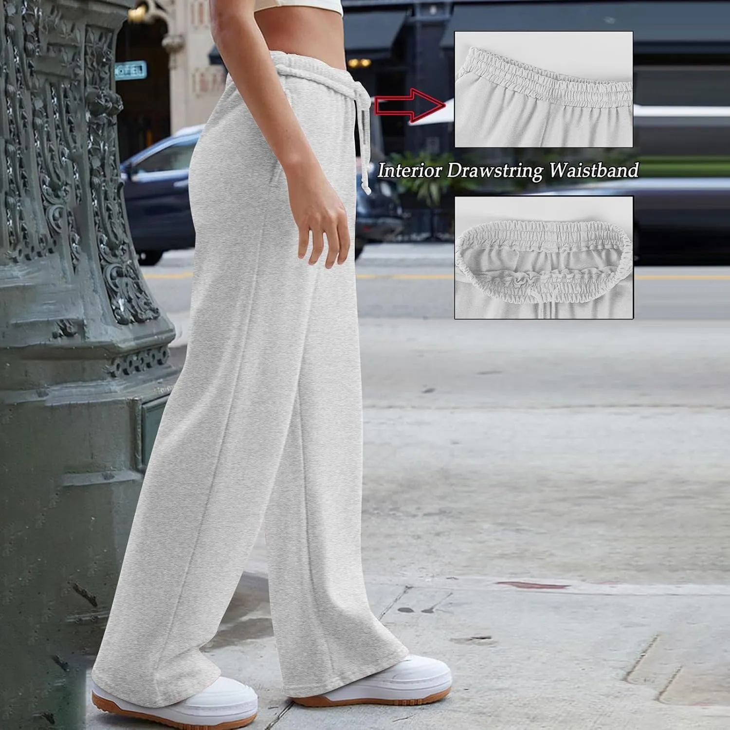 Gumipy Women Wide Leg Sweatpants Interior Drawstring High Waisted Baggy Joggers Trendy Lounge Pants Trousers with Pockets